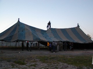 The tent goes up for nightly evangelism meetings